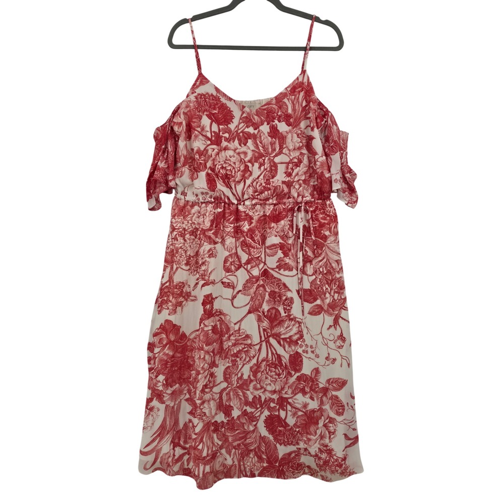 Ann Taylor LOFT Red White Floral Toile Cold Shoulder Midi Dress Large Vacation